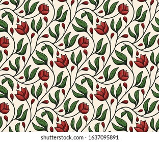Leaf and flower vines, summer floral seamless vector pattern	
