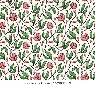 Leaf and flower vines, summer floral seamless vector pattern	
