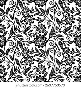 Leaf and flowers, seamless pattern on white background,Vintage print seamless pattern floral texture with linear foliage silhouettes, branches. Simple modern minimal leaf background. 
