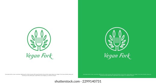 Leaf fork logo design illustration. Simple flat minimalist leaf fork vegetarian diet food eco food. Vegan healthy beverage fork spoon icon symbol sign cafe restaurant menu recipe herbal dish.