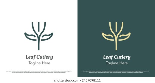 Leaf Fork logo design illustration. Silhouette of linear lines cutlery fork leaf leaves green cafe restaurant food kitchen spices drinks dinner lunch delicious green nature. Modern minimal icon.