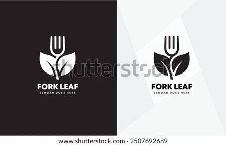 Leaf with fork logo, healthy food logo design template.