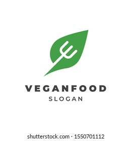Leaf with fork silhouette illustration for vegan food logo template design.