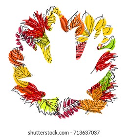 leaf - frame of autumn leaves. Fullcolor vector illustration.  Hand-draw Vector Illustration