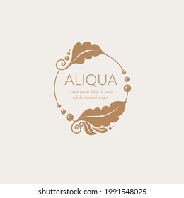 Leaf frame with beige ornament in a circle shape. Can be used for jewelry, beauty and fashion industry. Great for logo, monogram, invitation, flyer, menu, background, or any desired idea.