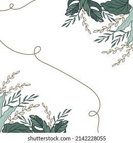 leaf frame, border. leaves illustration with swirl on white background. hand drawn vector. artwork for wallpaper, poster, banner, greeting and invitation card, postcard. nature background. elegant