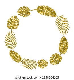 Leaf Frame. Cute Gold Glitter. Vector