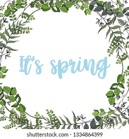 Leaf frame on white background. Spring framing for your text. Green design available for editing. Spring elements for invitations, postcards. Easy and cute jewelry option