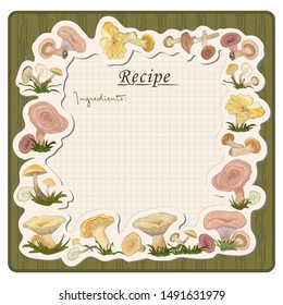 Leaf frame for recording mushroom recipes, ingredients with mushroom frame. Healthy lean food diet.