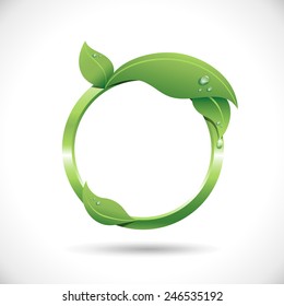 Leaf Frame - Round frame with fresh leaves and dewdrops.  Frame is colored with just a few global swatches, so file can be recolored easily.  