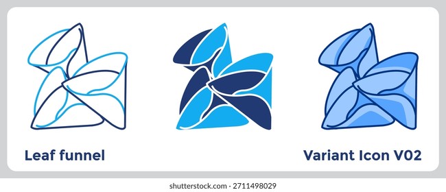 El ícono de embudo de hojas representa conceptos naturales de colección de agua para la educación de supervivencia. Azul, azul plano, estilo Dualtone.