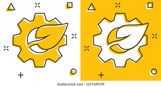 Leaf and gear icon in comic style. Cog with plant cartoon vector illustration on white isolated background. Eco machine splash effect sign business concept.