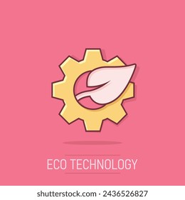 Leaf and gear icon in comic style. Cog with plant cartoon vector illustration on isolated background. Eco machine splash effect sign business concept.