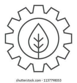 Leaf in gear thin line icon, ecology lamp and energy, green technology sign, vector graphics, a linear pattern on a white background, eps 10.