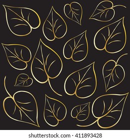  Leaf. Gold leaf. Fall leaves. Gold leaf pattern. Gold leaf texture, gold foil, gold texture, golden leaf. Gold Leaves on black background, vector illustration. For Art, Print, Fashion, Web Design.