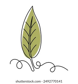 Leaf with a green abstract spot drawn in a continuous line. Simple leaf logo design isolated on white. Contour minimalistic silhouette of a leaf in one line. Isolated single line flat vector