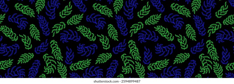 Leaf. Green, blue and black seamless pattern. Composition with leaves in a minimalist style. Vector background for banner, poster, festival, music and parties
