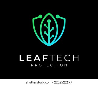 Leaf Green Branch Technology Digital Circuit Line Connection Shield Protection Vector Logo Design