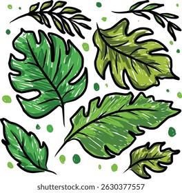 leaf green doodle vector set
