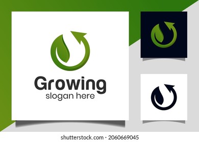 leaf green growing ecology pure with arrow icon for agriculture logo design