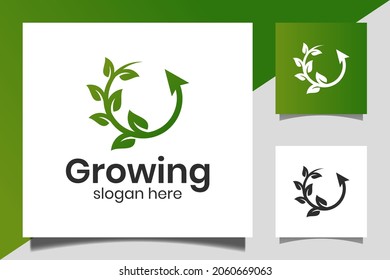 leaf green growing ecology pure with arrow icon for agriculture logo design