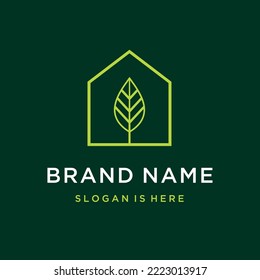 leaf with green house logo design template vector