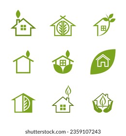 Conjunto o colección de plantillas de logotipo de hoja y casa verde.