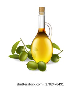 Leaf of green olives. Realistic bottle of olive oil branch. Design elements for packaging. Vector illustration.