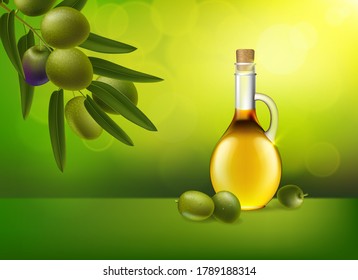 Hoja de aceitunas verdes. Botella realista de la rama de aceite de oliva. Diseñar elementos para el embalaje. Ilustración vectorial.