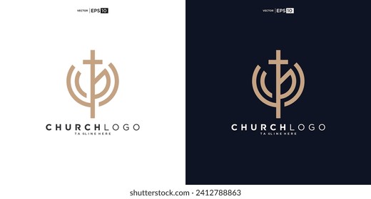 Crecimiento de hojas y diseño vectorial del logo de la línea de la iglesia