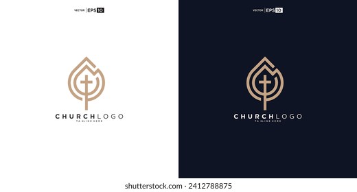 Leaf growth and church line style logo vector design