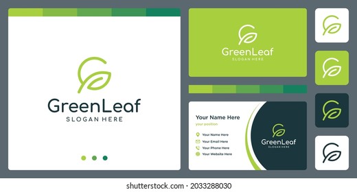 leaf growth logo with initials letter G and business card design template. vector premium