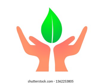 Leaf with hand care ecosystem vector design logo.