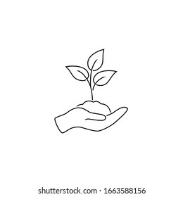 Leaf and hand, care nature line icon vector