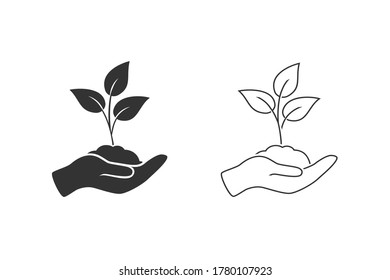 Leaf and hand, care nature line icon set vector