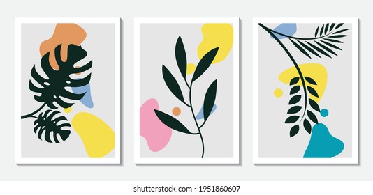 Dibujo manual de hoja conjunto de arte de pared con forma abstracta para impresión, cubierta, papel de pared minimalista