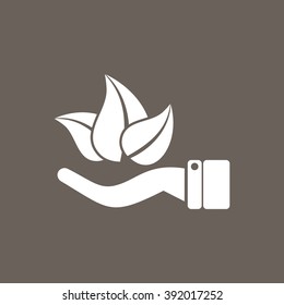 Leaf & Hand, Ecology Icon on Dark Gray Color. Eps-10.