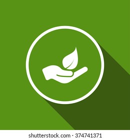 leaf in hand flat icon with long shadow. ecology sign vector illustration