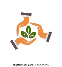 
leaf and hand gestures. illustration of preserving nature. natural life. flat style design