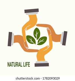 
gestos de hojas y manos. ilustración de la preservación de la naturaleza. vida natural. diseño de estilo plano