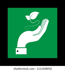 leaf in hand icon. ecological symbols and signs green nature concept, humans and plants logo, vector illustration