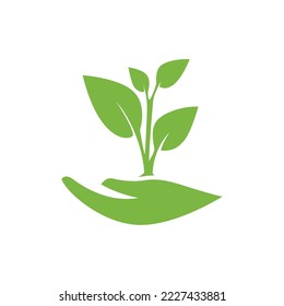 leaf and hand icon in green color. elmen logo take care of plants. vector illustration