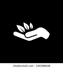 Leaf in Hand Icon On Black Background. Black Flat Style Vector Illustration.