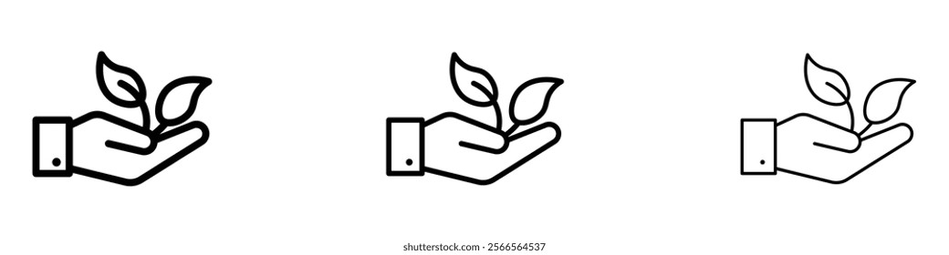 Leaf in hand icon in tree different line stroke sizes.