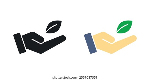 Leaf in hand icons in black and colored version