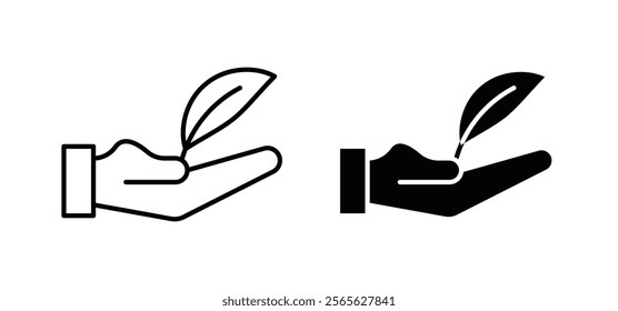 Leaf in hand icons in black and white colors