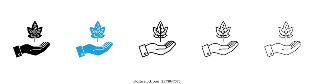 Leaf in hand icons in filled and 3 stroke weights