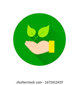 Leaf in hand icons with long shadow. Ecology Vector trendy colored symbols. Eco friendly concept.