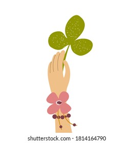  leaf. Hand with jewelry from bracelets and flowers. hippie, yoga, eco-friendly life concept. Doodle vegetable decorative design element isolated on white background. Flat vector illustration.