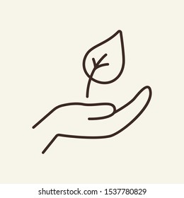 Leaf and hand line icon. Leaf, hand, care. Eco concept. Vector illustration can be used for topics like ecology, environment, agriculture